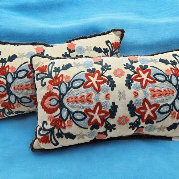 Set of 2 Embroidered Fringed Bold Floral Lumbar Throw Pillows Approx. 24x13x4" - Picture 5 of 16